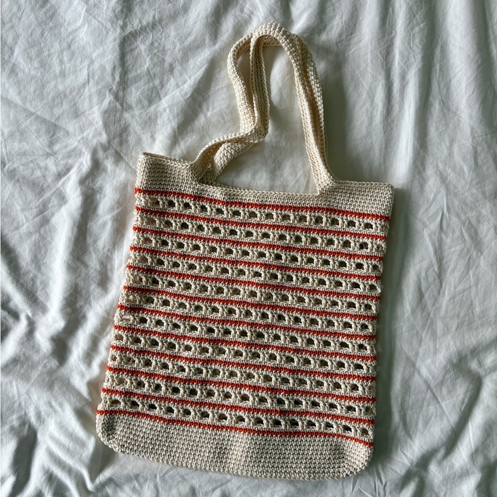 Handmade Cream/Orange Striped Crochet Mesh Tote Bag